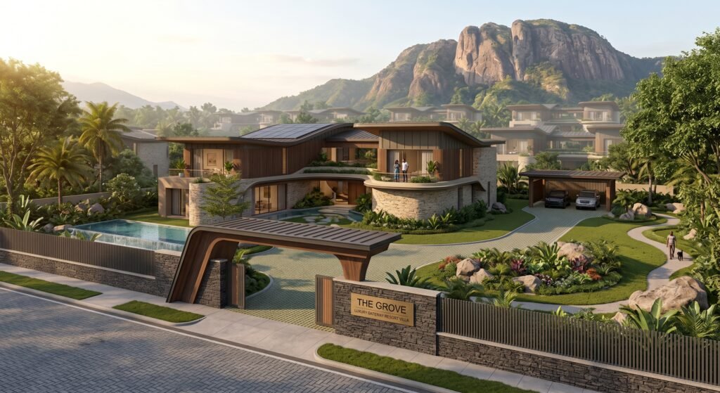 Enclave Villa - The Peak of Uncompromised Stillness. The crown jewels of the residential sector. The Enclave Villas are hyper-exclusive, low-density detached estates situated on the most pristine, elevated pockets. Each villa features sprawling private grounds, and custom finishes..